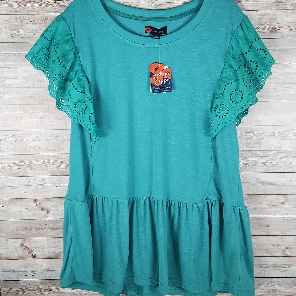 NWT, Indigo Poppy, Women's Teal top, short laced sleeves, with ruffle hemline. S - Picture 1 of 8